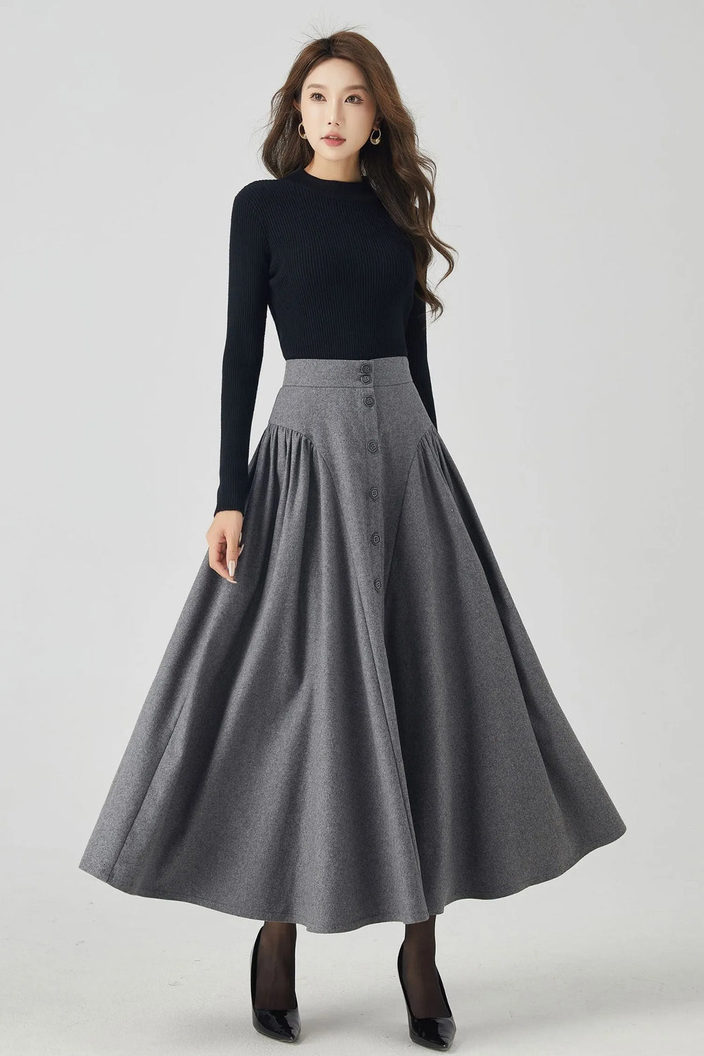 Gray Wool Maxi Skirt - Button-Down, Flowy Silhouette 4526