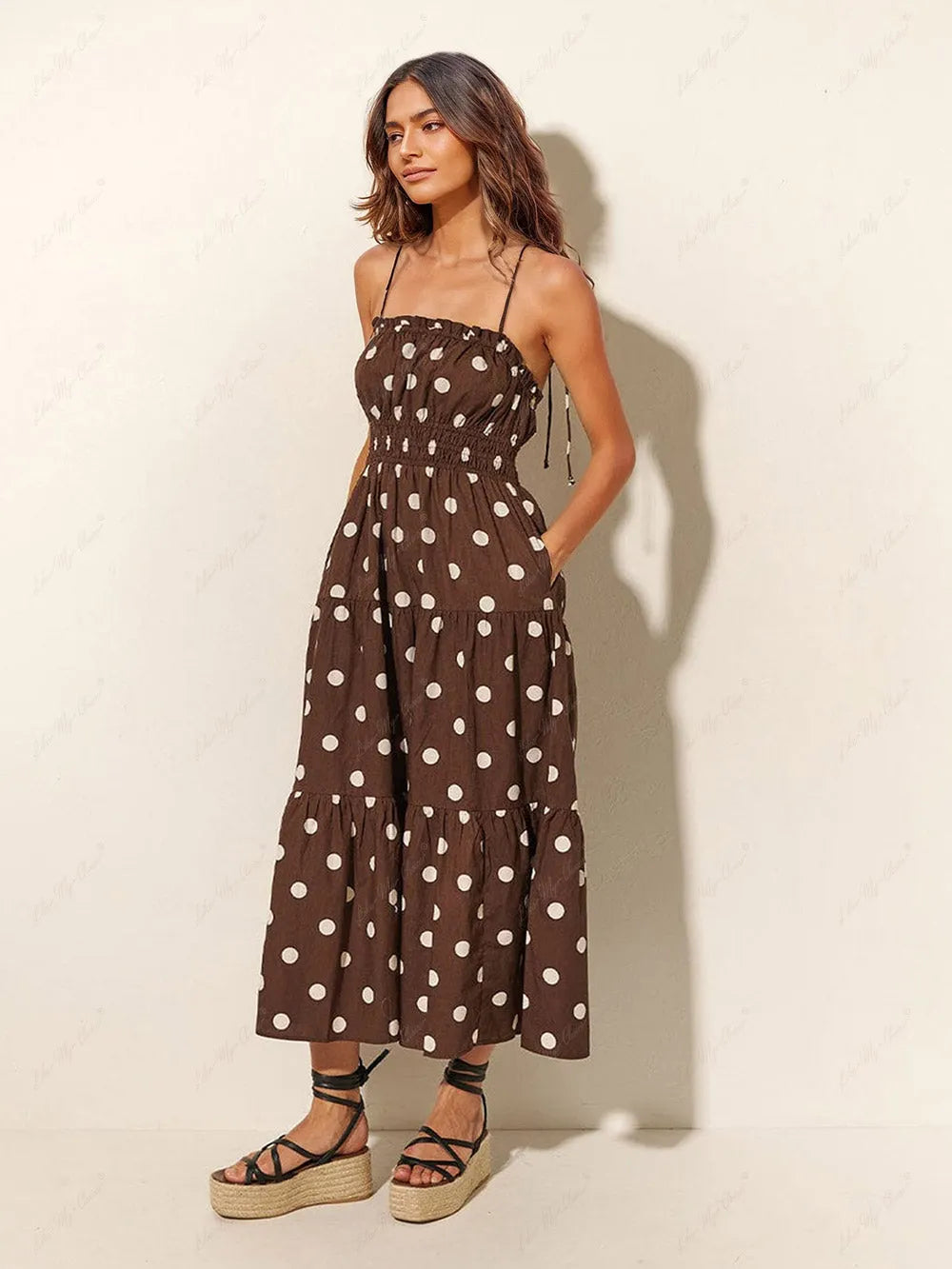 Chocolate And Ivory Polka Dot Trendy Print Pleated Elastic Strap Dress