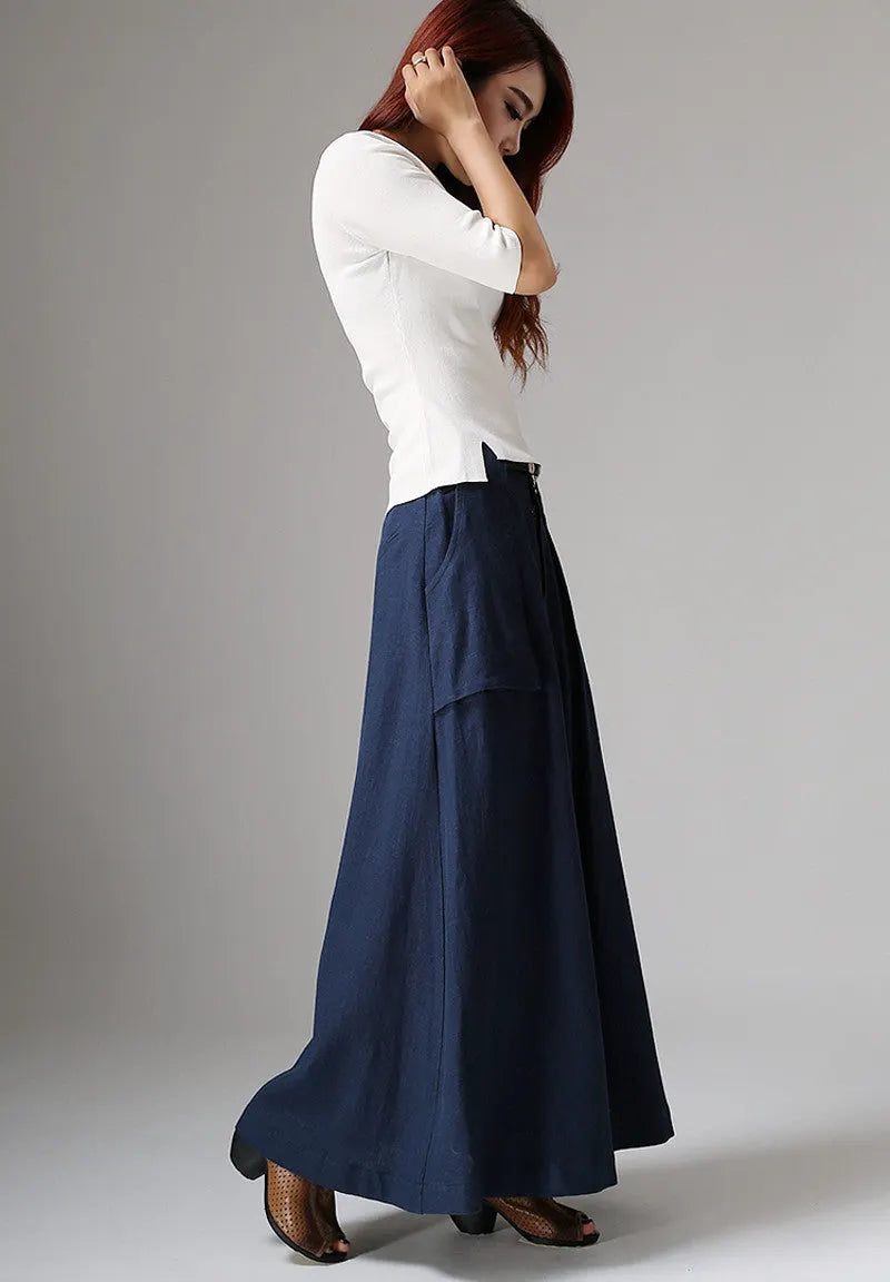 Blue Linen Cotton Maxi Skirt - Flowy Silhouette with Big Pockets 1036