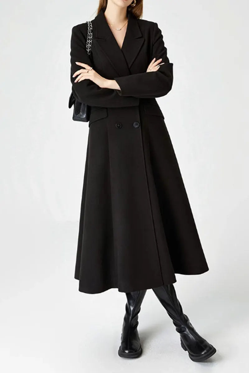Black Wool Blend Long Coat - Double Breasted Belted 