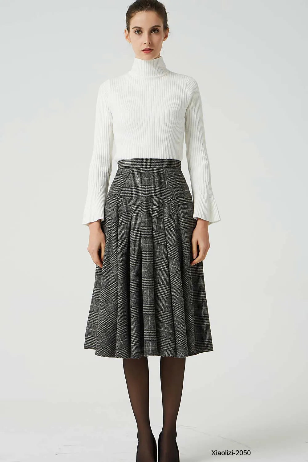 Grey Wool Pleated Knee Length Skirt - Retro A-Line Silhouette 2050