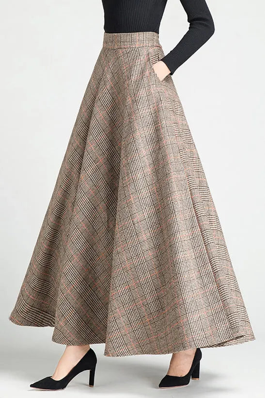 Plaid Wool Maxi Skirt - Swing Silhouette with Belt Loops 3794
