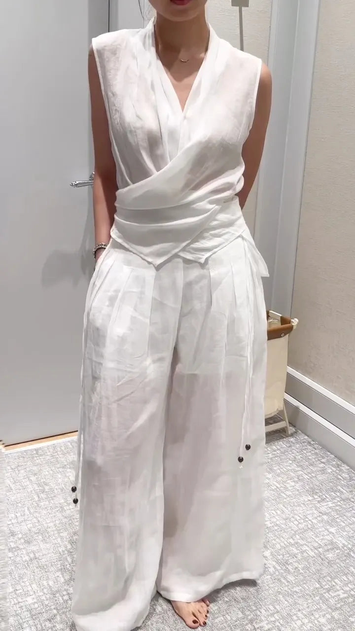 White Wrap Tie Sleeveless Linen Two‐Piece Set
