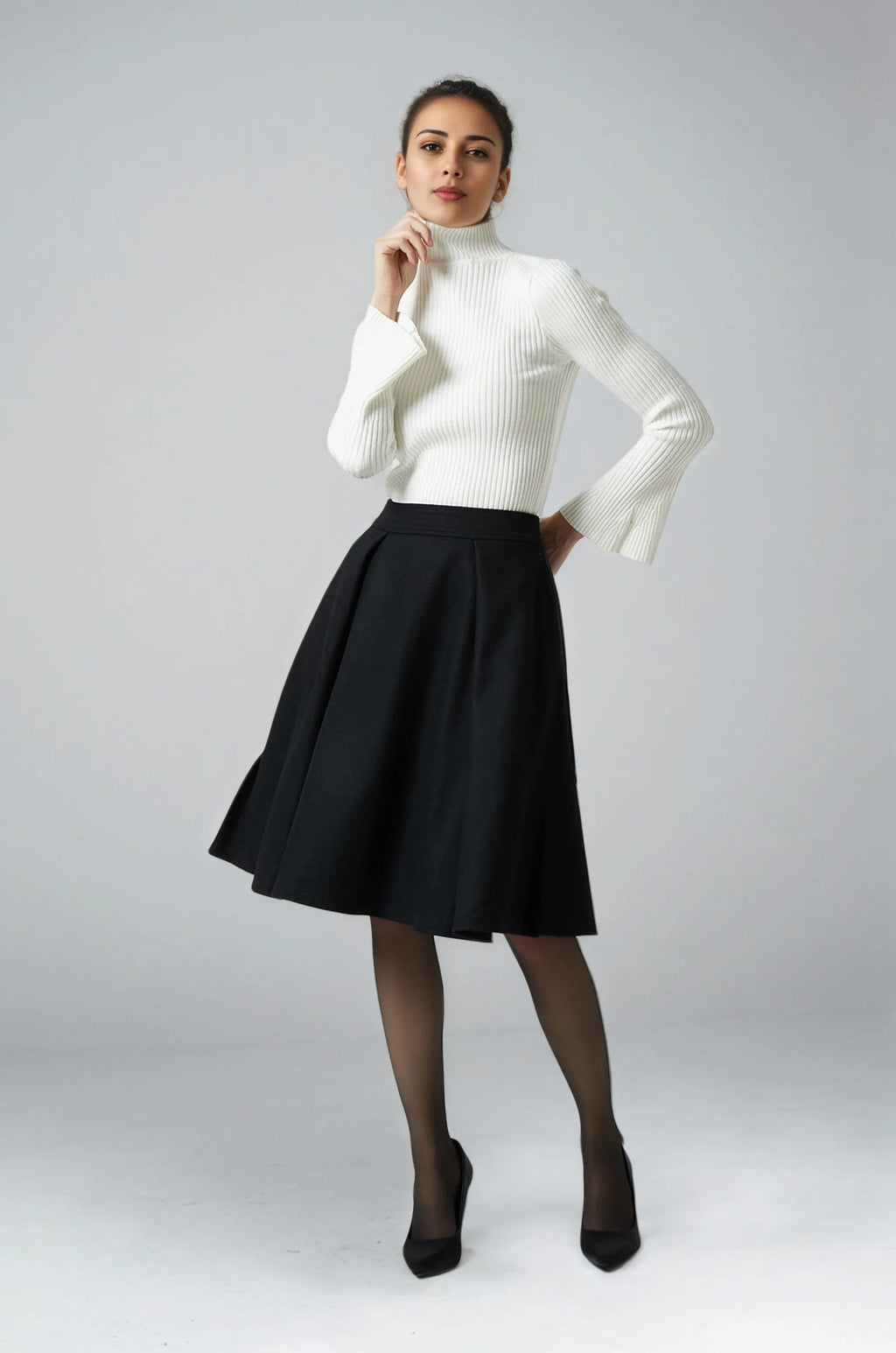 Black Wool Knee Length Skirt - Pleated A-Line Silhouette 6291