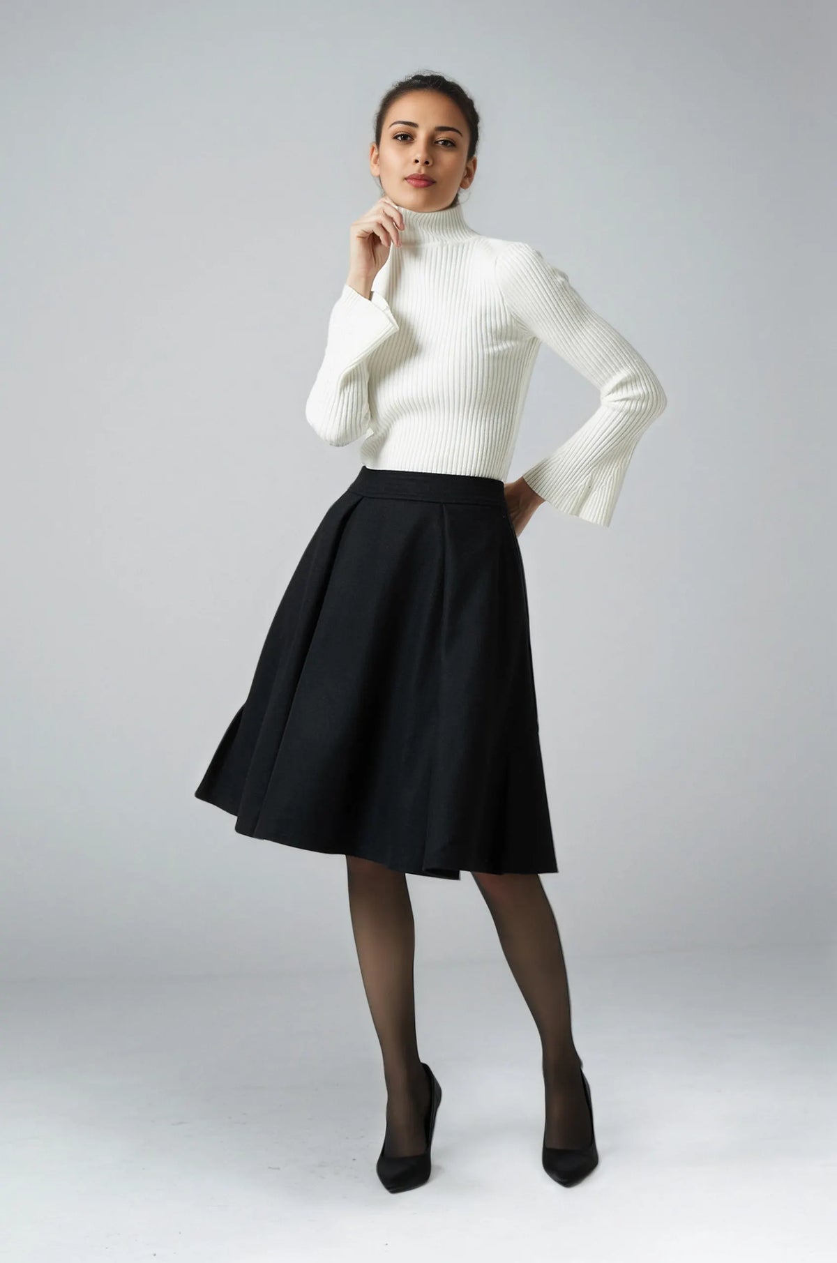 Black Wool Knee Length Skirt - Pleated A-Line Silhouette 6291