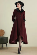 Xiaolizi Vintage Burgundy Wool Coat for Women – Handmade A-line High-Low Winter Coat with Faux Fur Collar 3895