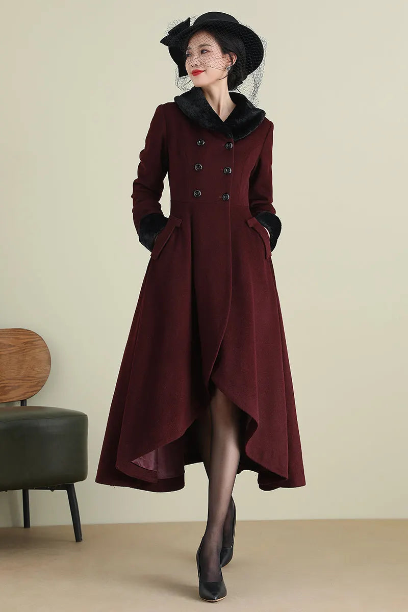 Xiaolizi Vintage Burgundy Wool Coat for Women – Handmade A-line High-Low Winter Coat with Faux Fur Collar 3895