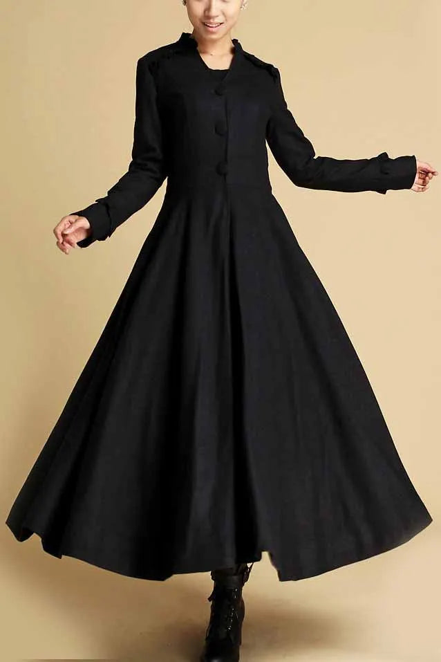 Handmade Wool Long Coat – Vintage Black Fit & Flare Winter Dress Coat 