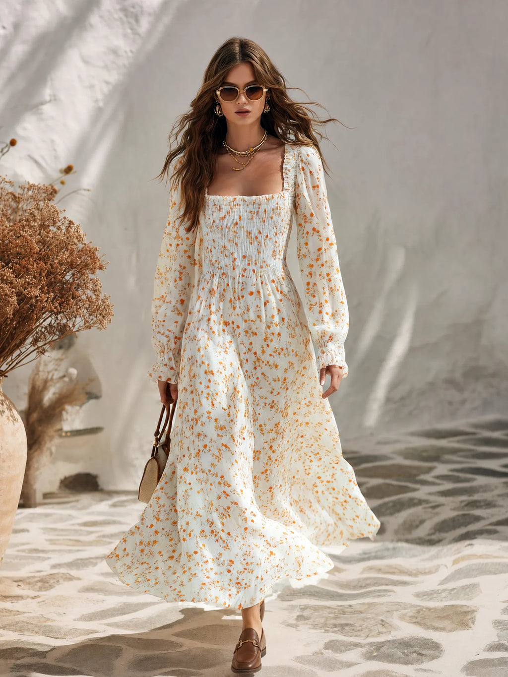 Vacation-style Square-neck Long-sleeved Printed Chiffon Maxi Dress