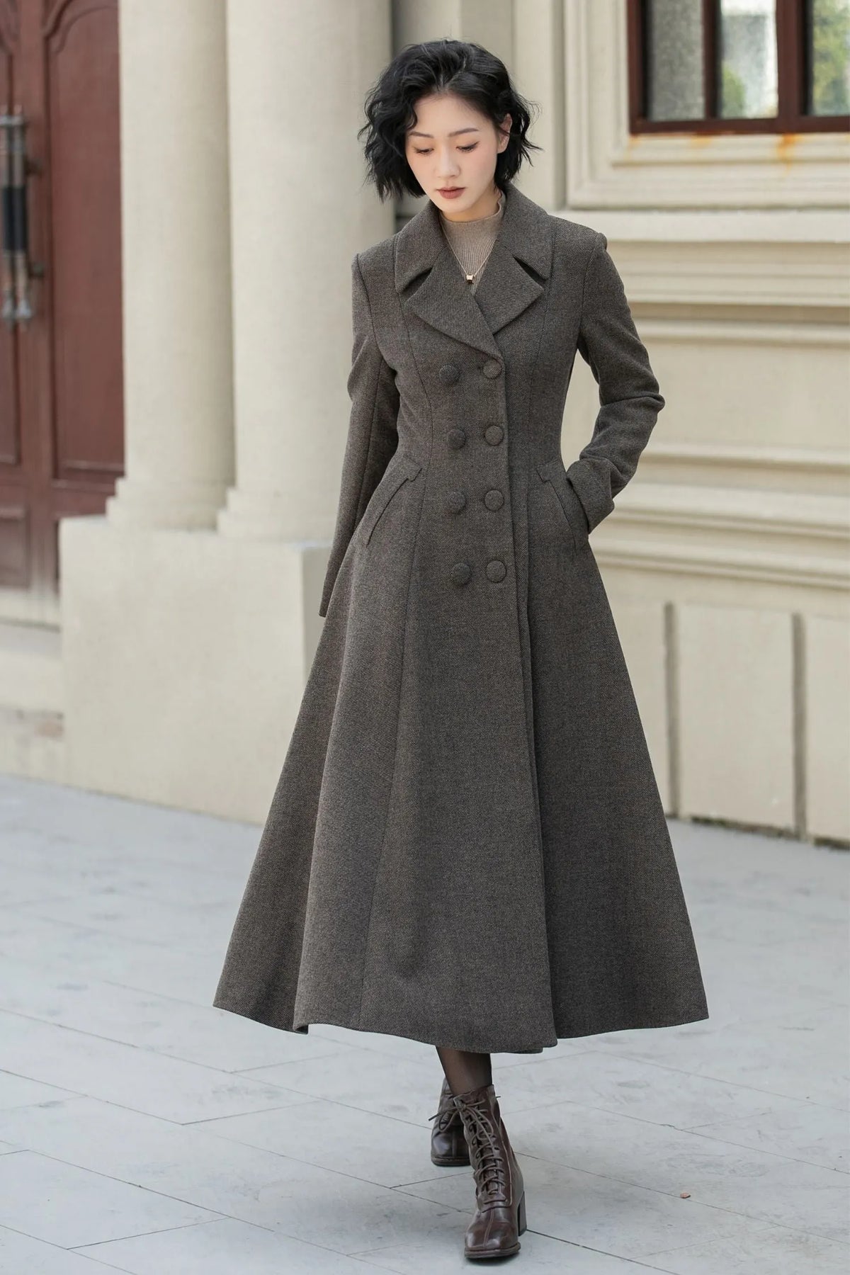 Chocolate Brown Wool Maxi Coat - Vintage Double-Breasted Fitted Waist 5460
