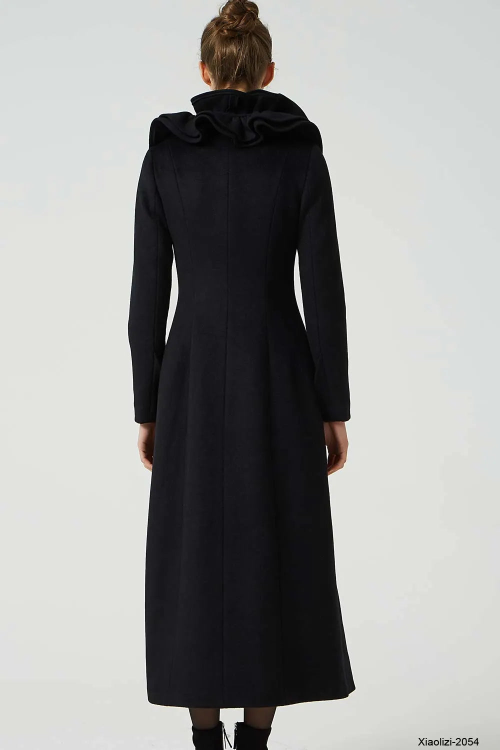 Xiaolizi Black Ruffle Collar Wool Coat for Women – Handmade Maxi Double-Breasted Winter Coat 2054