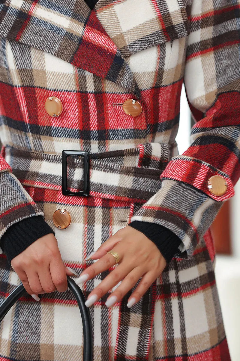 Handmade Red Plaid Wool Coat – Vintage Belted Long Winter Overcoat 