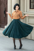 Dark Green Wool Midi Skirt - Flared A-Line with Elastic Waist 5311