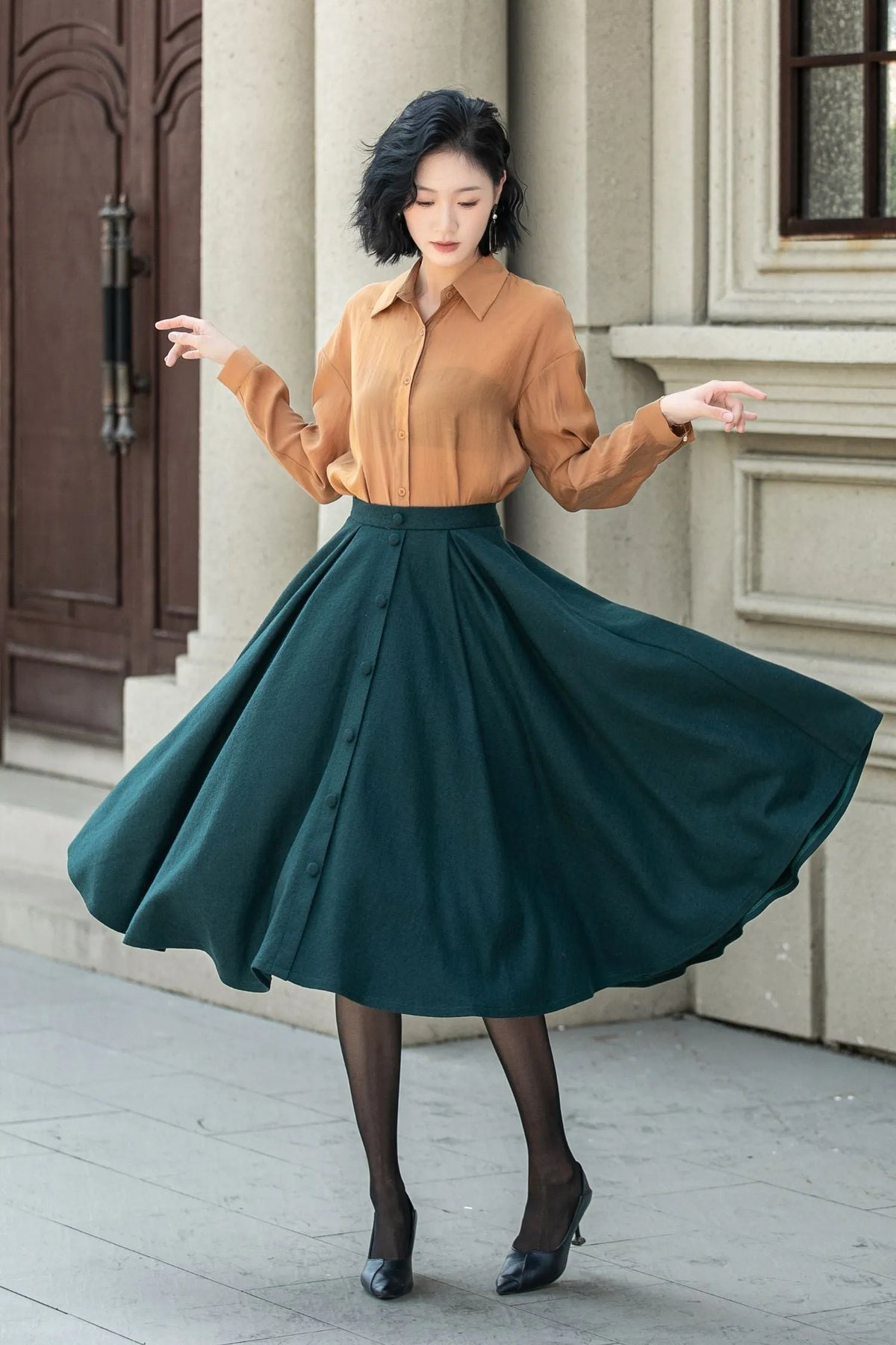 Dark Green Wool Midi Skirt - Flared A-Line with Elastic Waist 5311