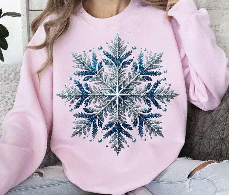 Glitter Snowflake Printed Long Sleeve Casual Top