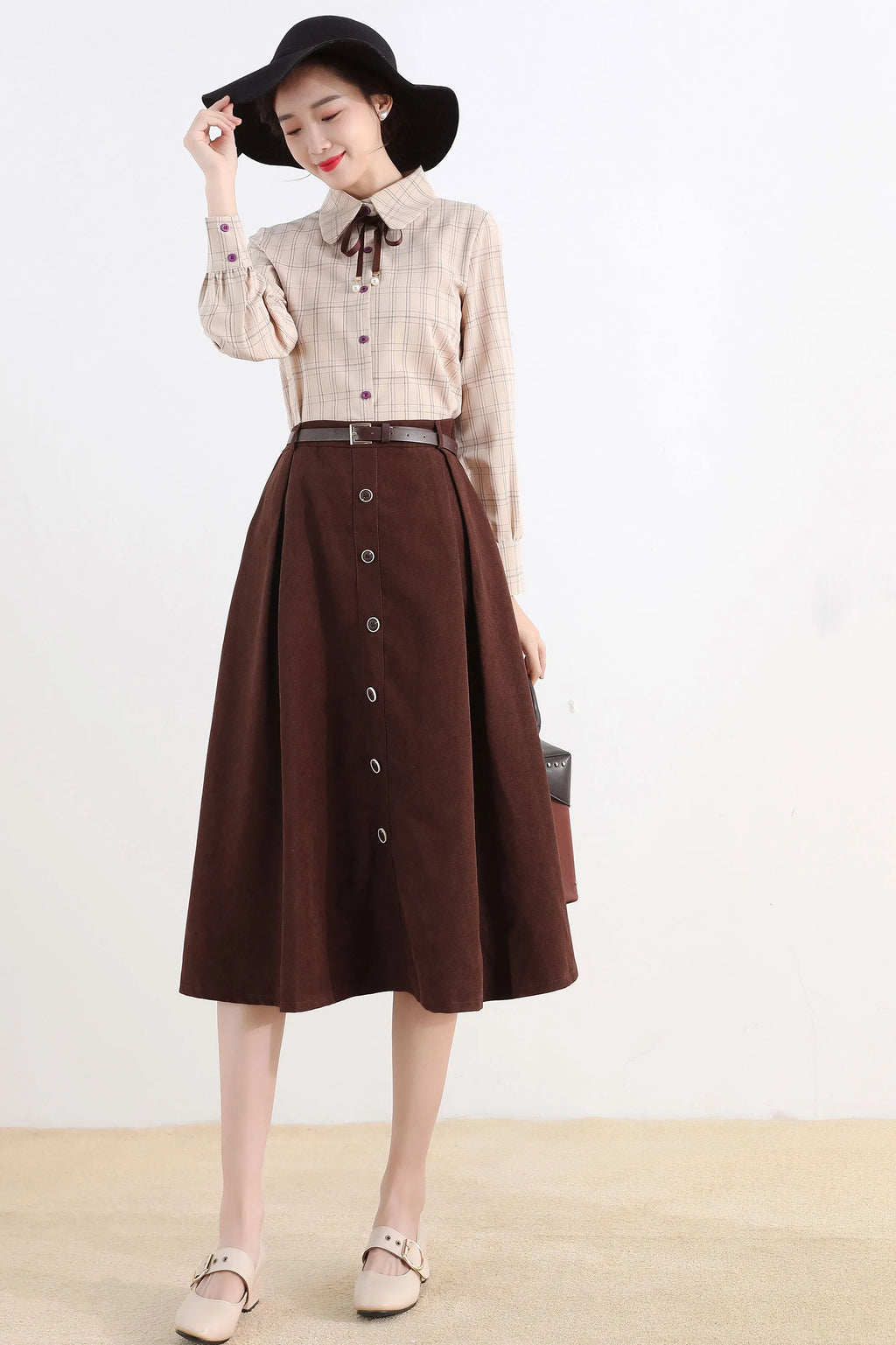 Brown Button Front Midi Skirt – Vintage A-Line Cotton Blend Skirt with Pockets 2521