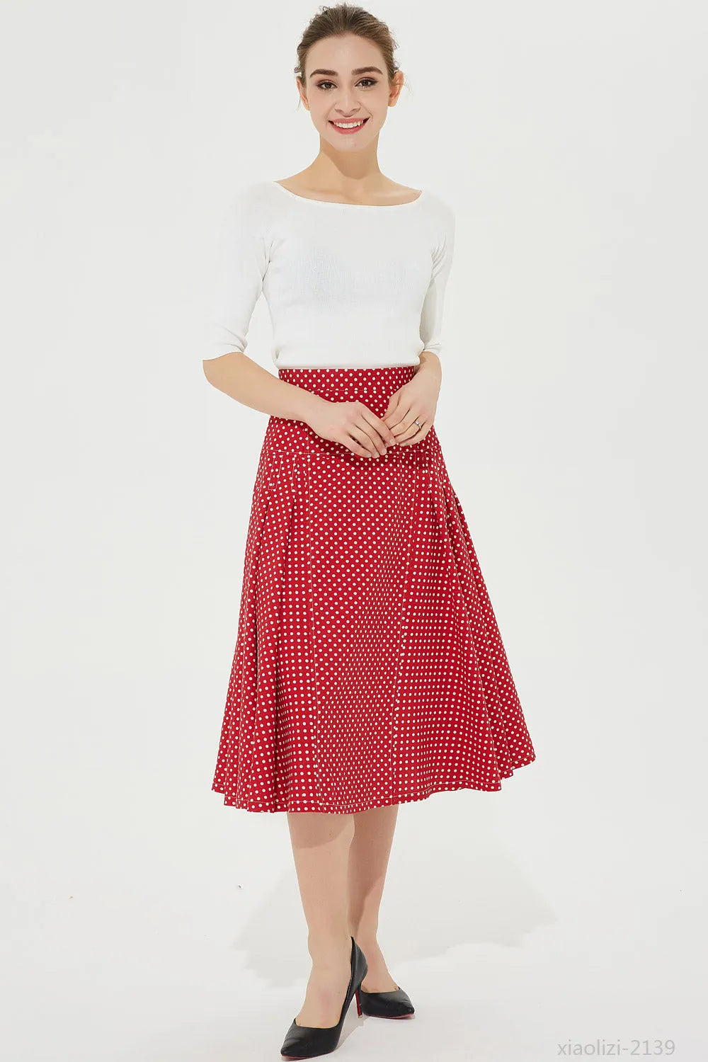 Red Polka Dot Linen Midi Skirt - High Waisted Pleated Flare 2139