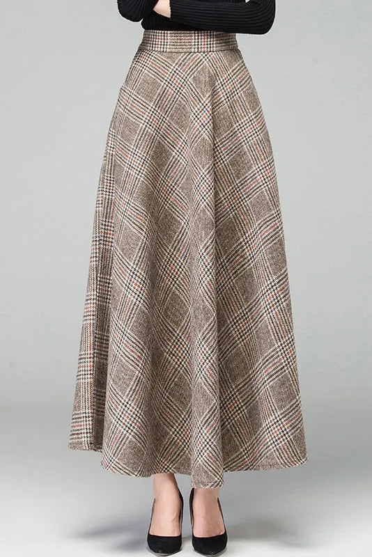 Plaid Wool A-Line Maxi Skirt - Elastic Waist, Fully Lined 3926