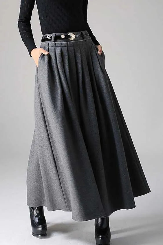 Handmade Dark Gray Pleated Wool Maxi Skirt – Warm A-Line Swing Skirt 1094