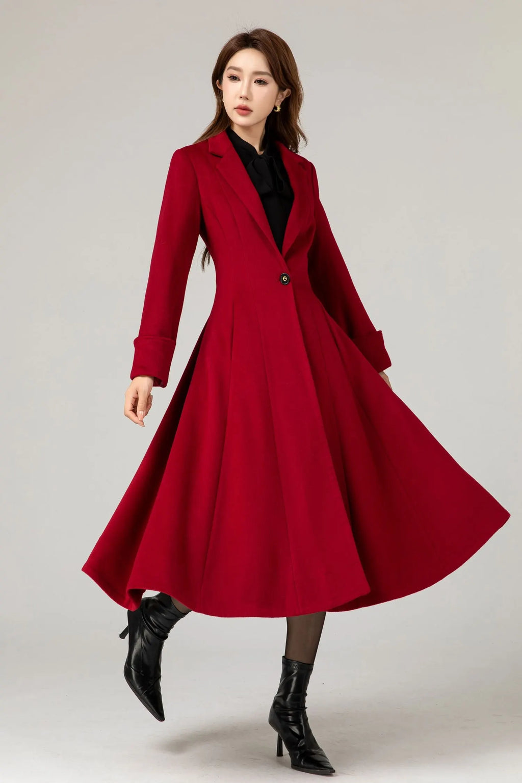 Red Wool Princess Coat - Fitted Waist, Flared Silhouette 5480