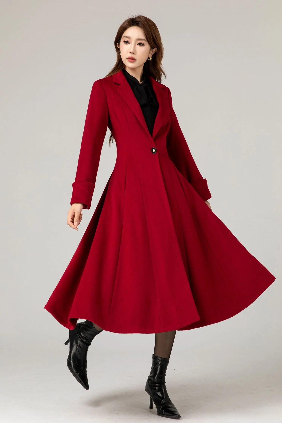 Red Wool Princess Coat - Fitted Waist, Flared Silhouette 5480