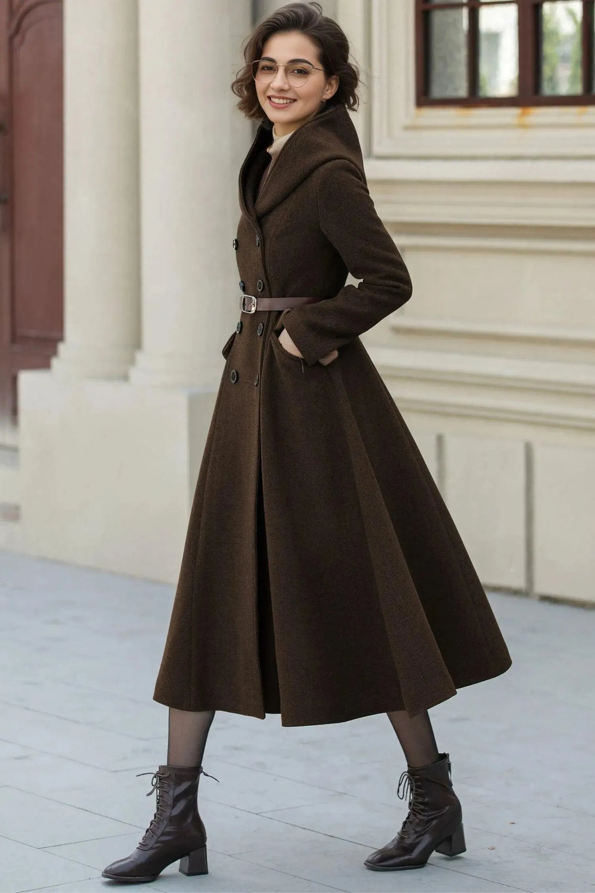 Army Green Wool A-Line Maxi Coat with Hood - Vintage Inspired Swing Fit 6385
