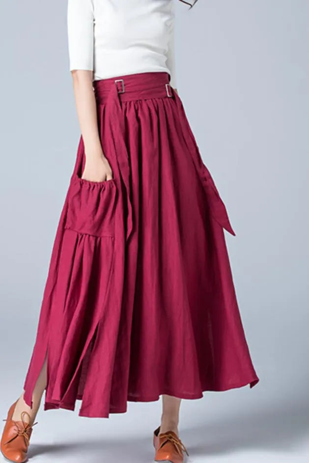 Wine Red Linen Maxi Skirt - Pleated with Wide Banded Waist 1772