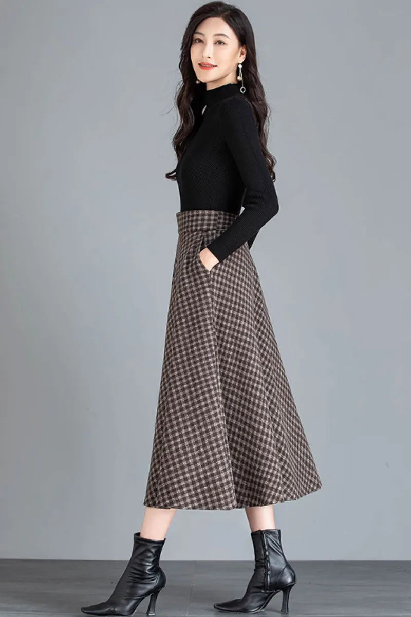 Brown Wool Midi Skirt - Vintage A-Line with Pockets 4644-1
