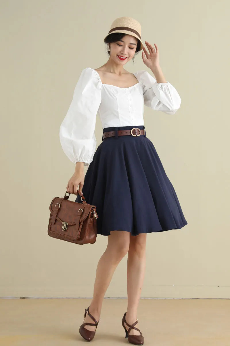 Navy Blue Linen Circle Skirt – Vintage 50s High Waist Skater Skirt with Pockets 2793