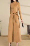 Camel Wool Long Coat - Asymmetrical Front with Tie Belt 4589