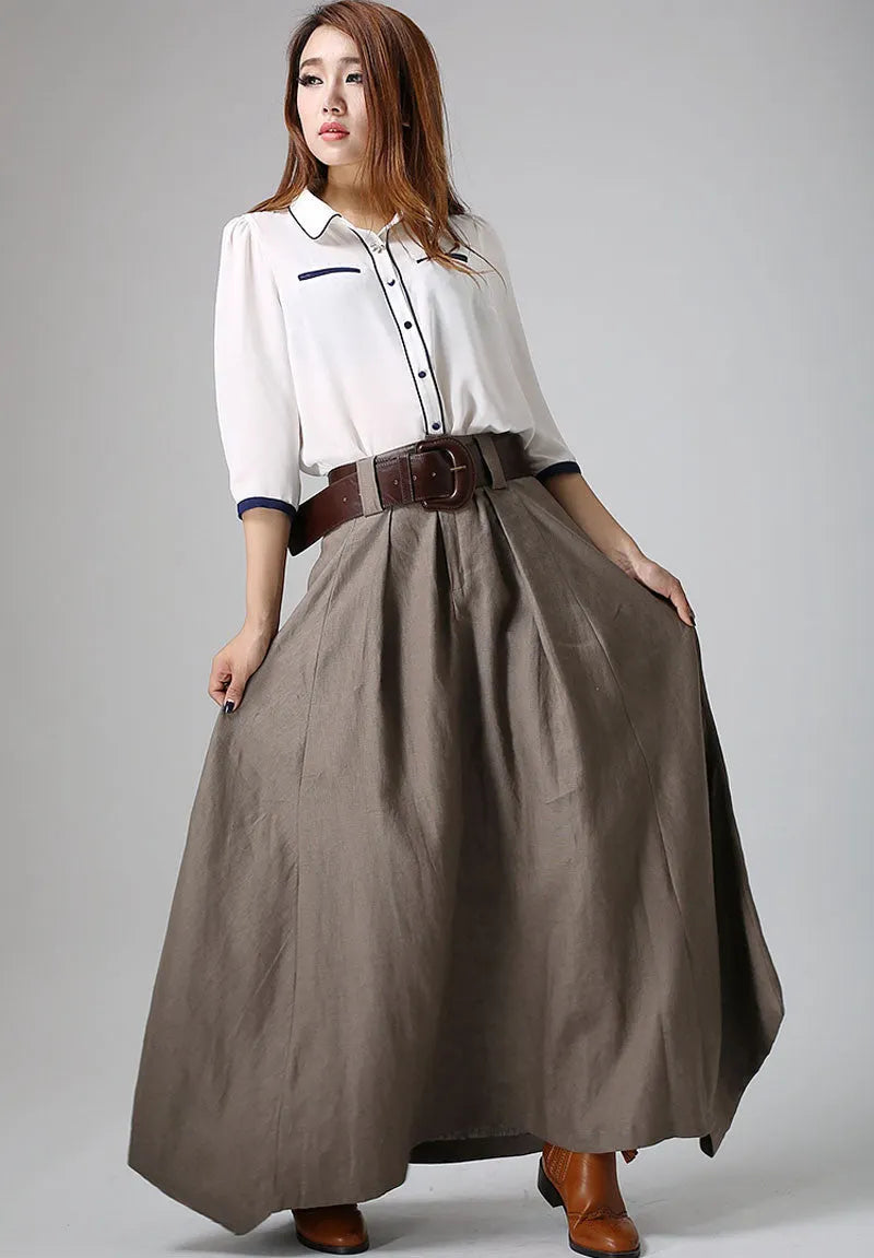 Gray Brown Linen Maxi Skirt – Handmade High Waisted Spring Skirt 