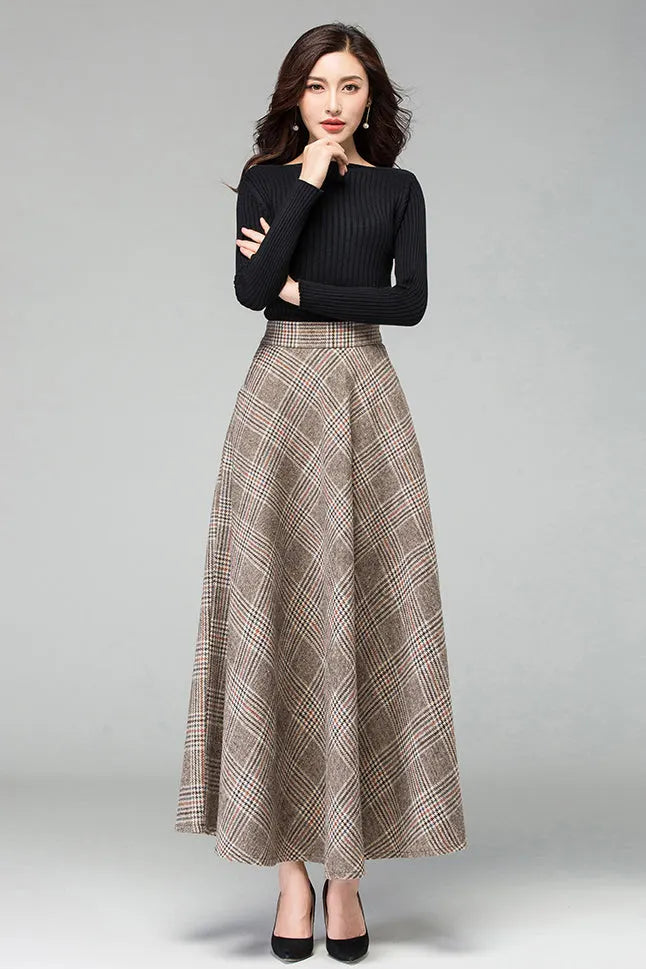 Plaid Wool A-Line Maxi Skirt - Elastic Waist, Fully Lined 3926