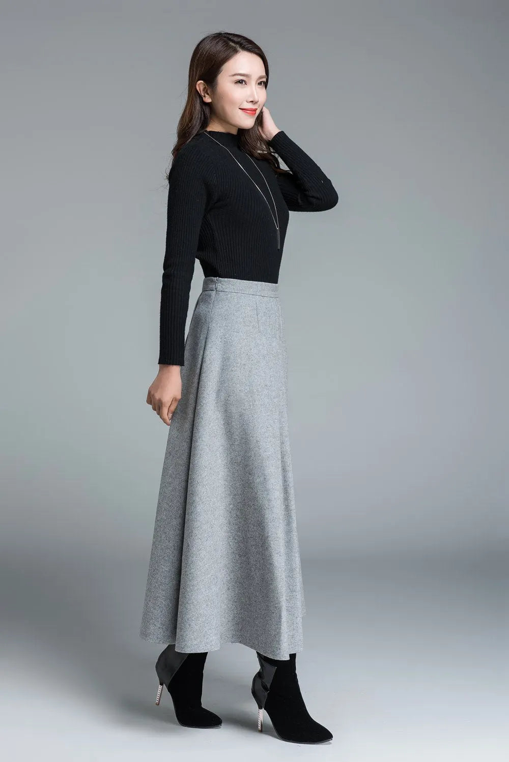 Light Gray Wool Maxi Skirt – Elegant Pleated Long Skirt with Waist Detail 1643