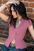 Vintage Red Plaid Polo Collar Button-Down Cropped Blouse