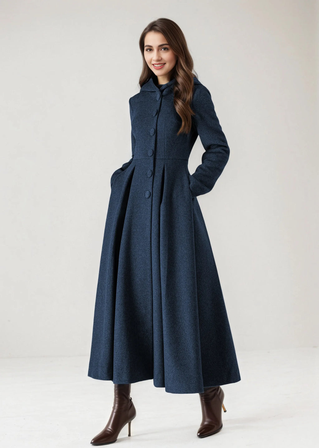 Burgundy Hooded Wool Maxi Coat – Vintage Swing Long Winter Overcoat 5242