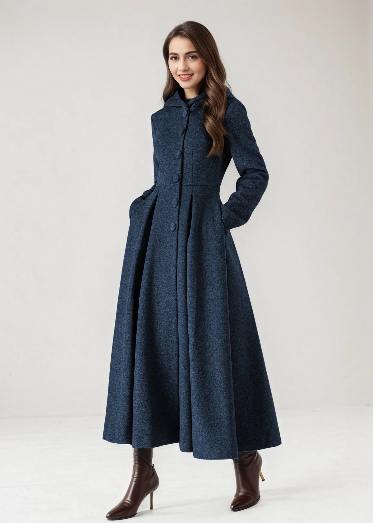 Burgundy Hooded Wool Maxi Coat – Vintage Swing Long Winter Overcoat 5242