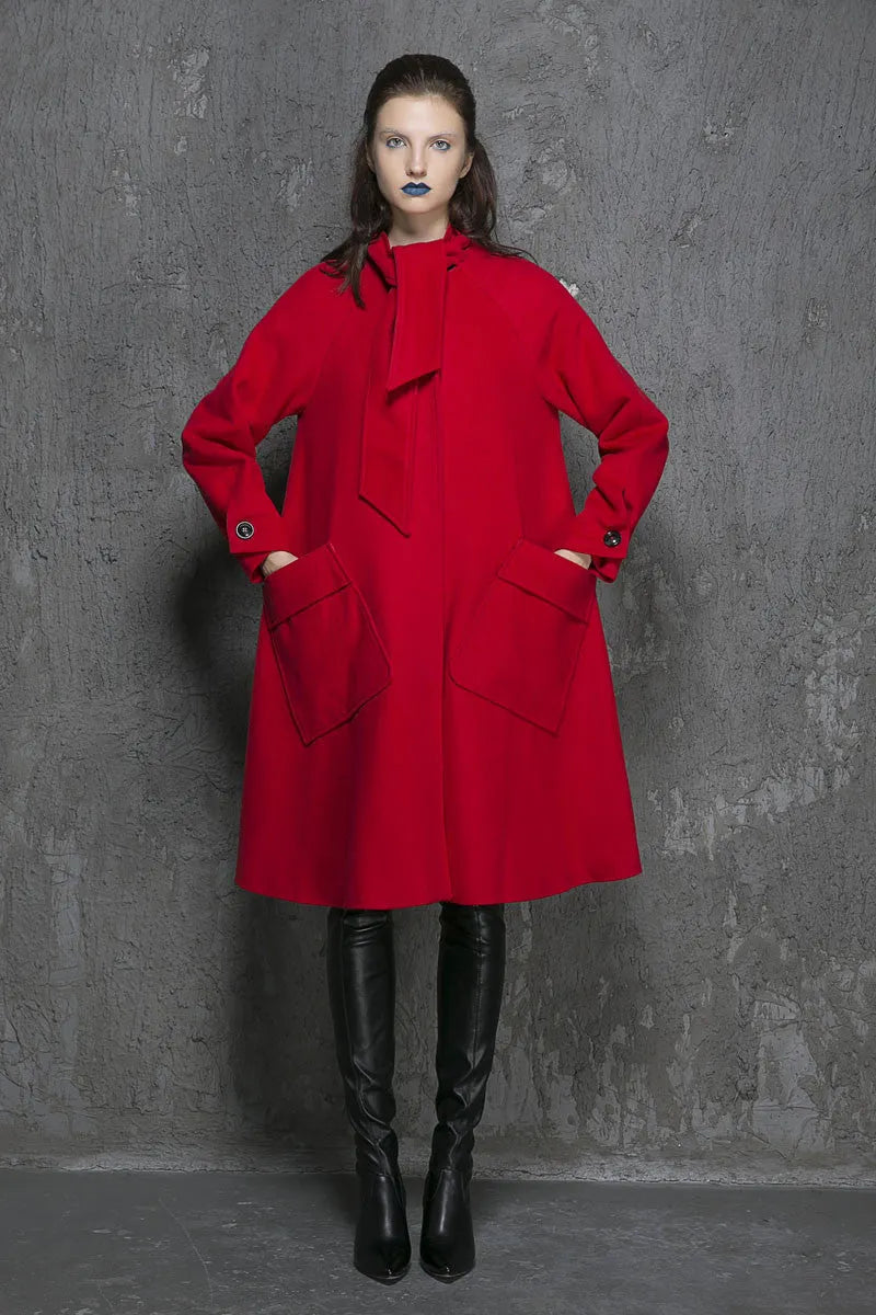 Vintage Wool Coat for Women – Handmade Red Bow-Tie Neck Long Winter Coat 
