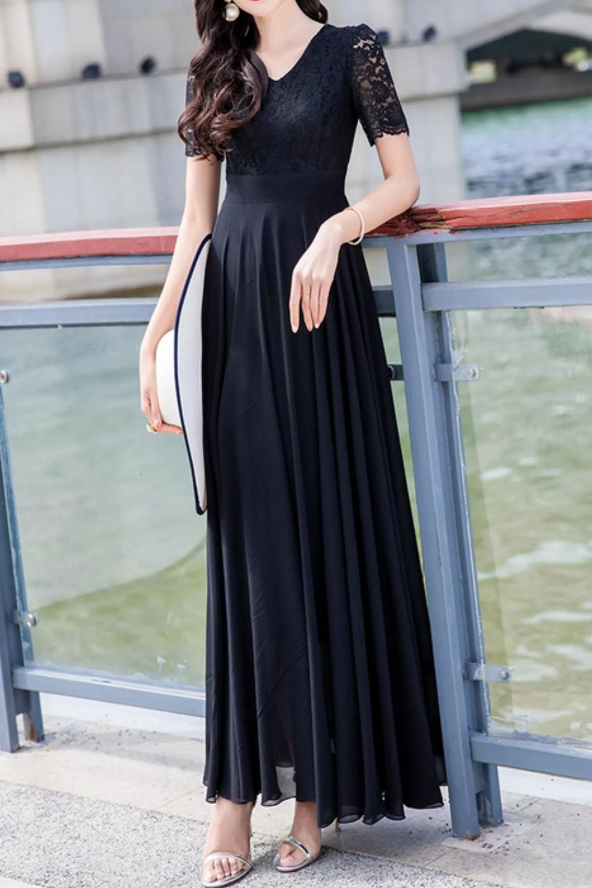 Black Chiffon Maxi Dress - Lace Top, Flowy Summer Silhouette 5025