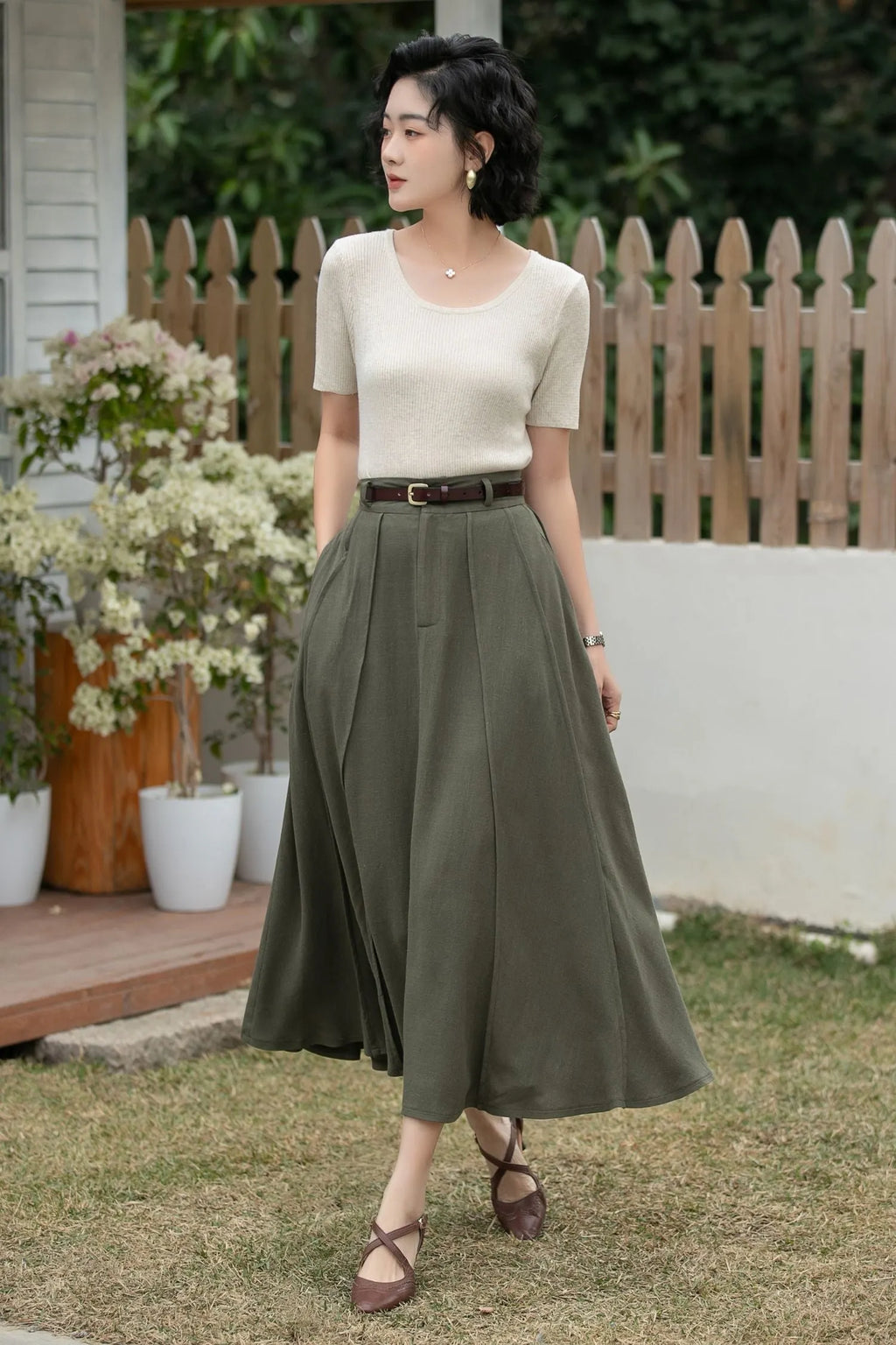 Xiaolizi Army Green Linen Midi Skirt – Vintage High Waist A-Line 6695