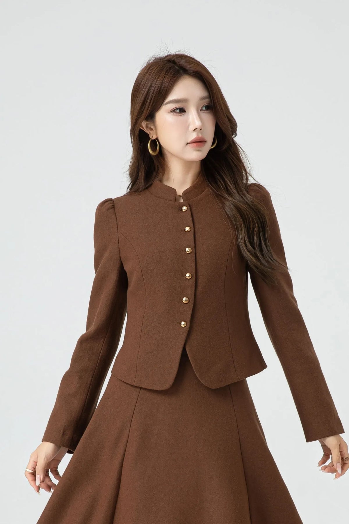 Women's Wool Blend Coat, Short Hip-Length Button-Up 