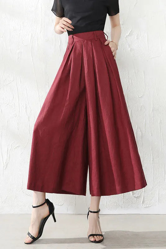Wine Red Linen Wide Leg Pants - Back Elastic Waist, Front Pockets 3528