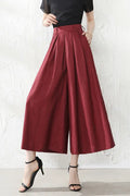 Wine Red Linen Wide Leg Pants - Back Elastic Waist, Front Pockets 3528