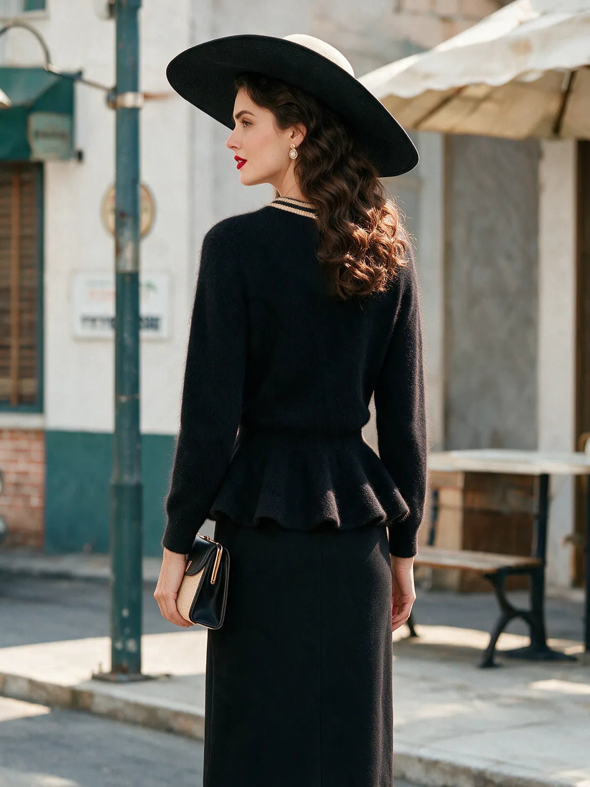 Vintage Black Contrast Bow-Tie Neck Peplum Knit Sweater