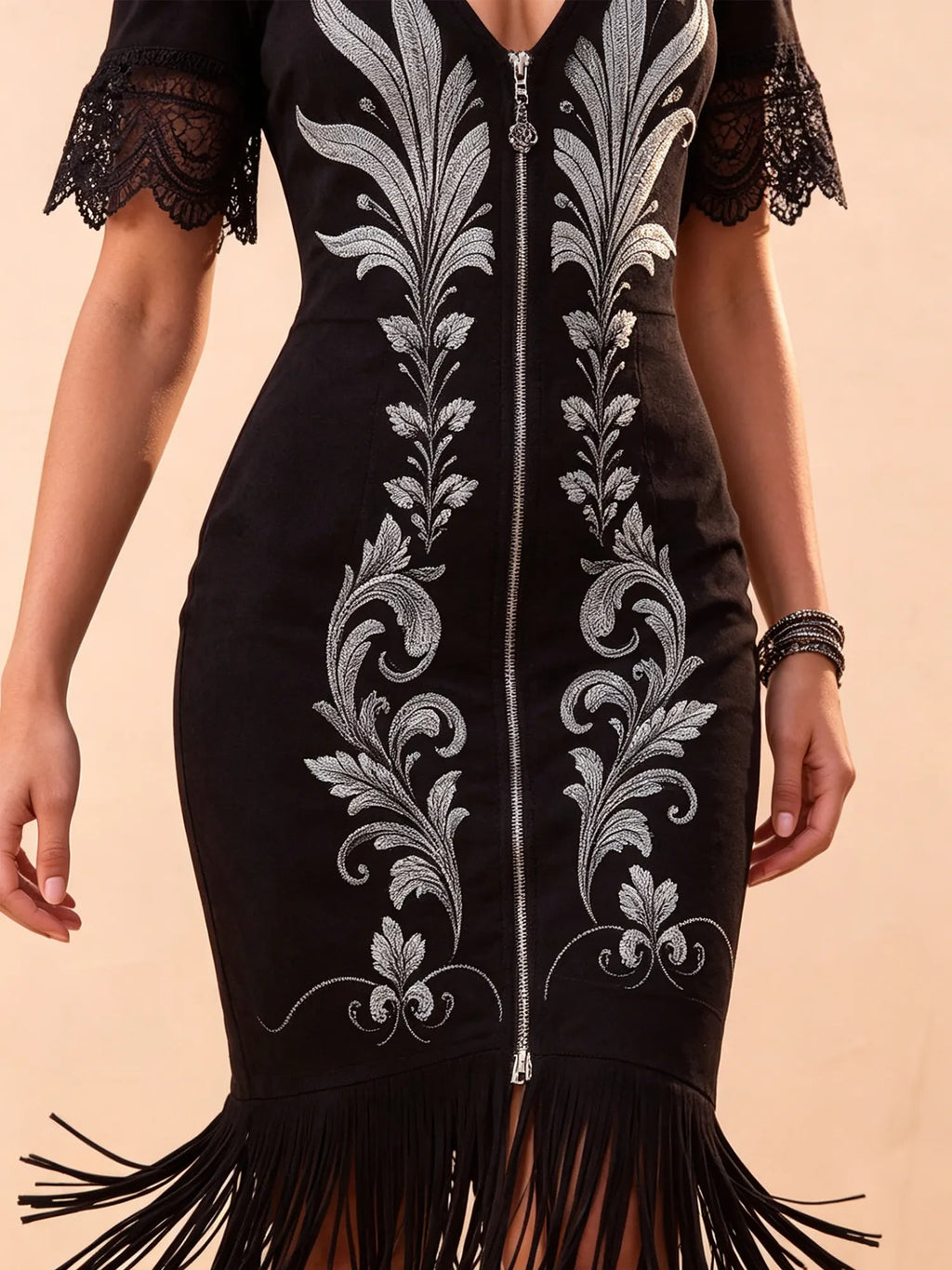 Western-Style Short Skirt — Carbon Black Midi Dress With Silver Thread Embroidery, Tassel Hem, And Velvet Texture.