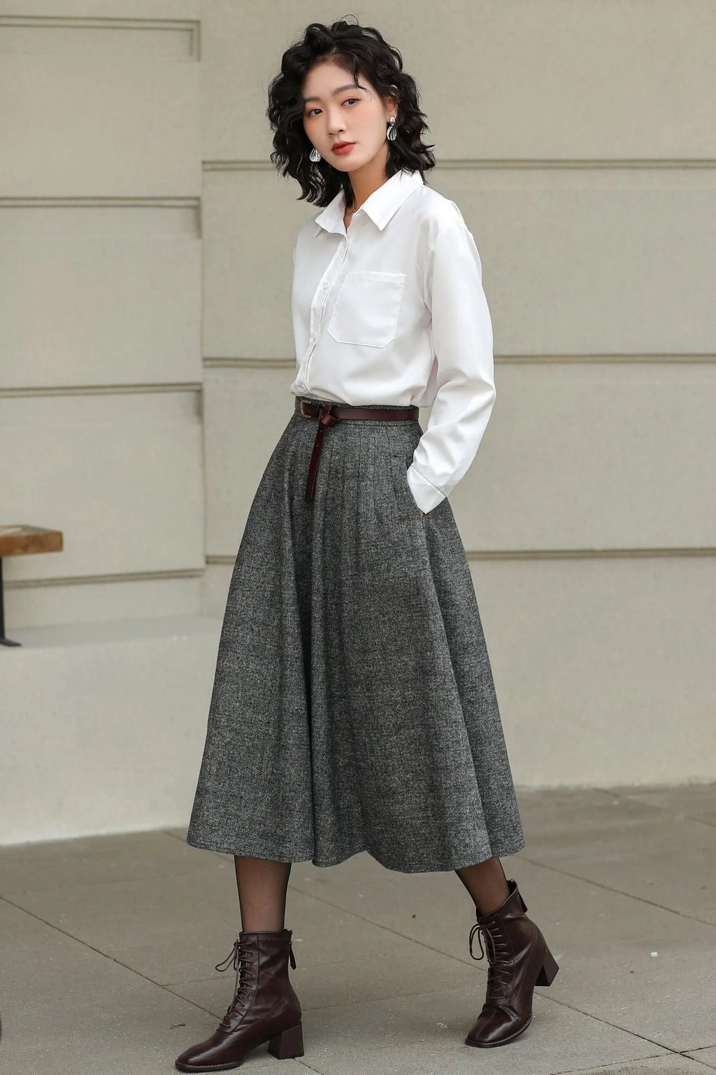 Grey Wool Pleated Midi Skirt - A-Line Silhouette with Pockets 6416