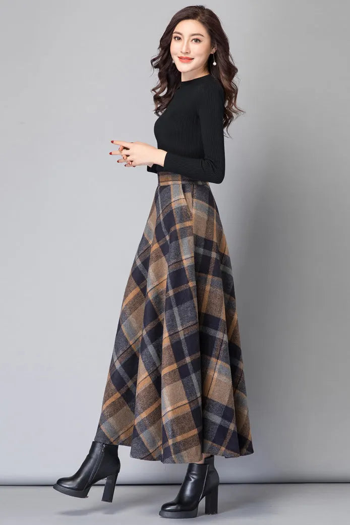 Brown Wool Maxi Skirt - High Waist A-Line Plaid 3799