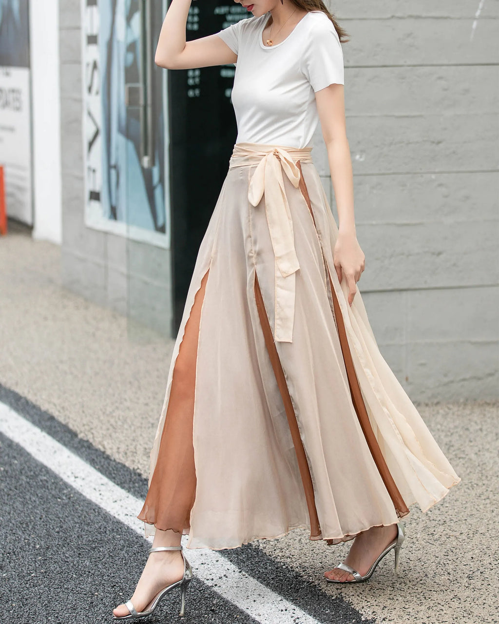 Apricot Chiffon Midi Wrap Skirt - Flowing Circle Silhouette 4277