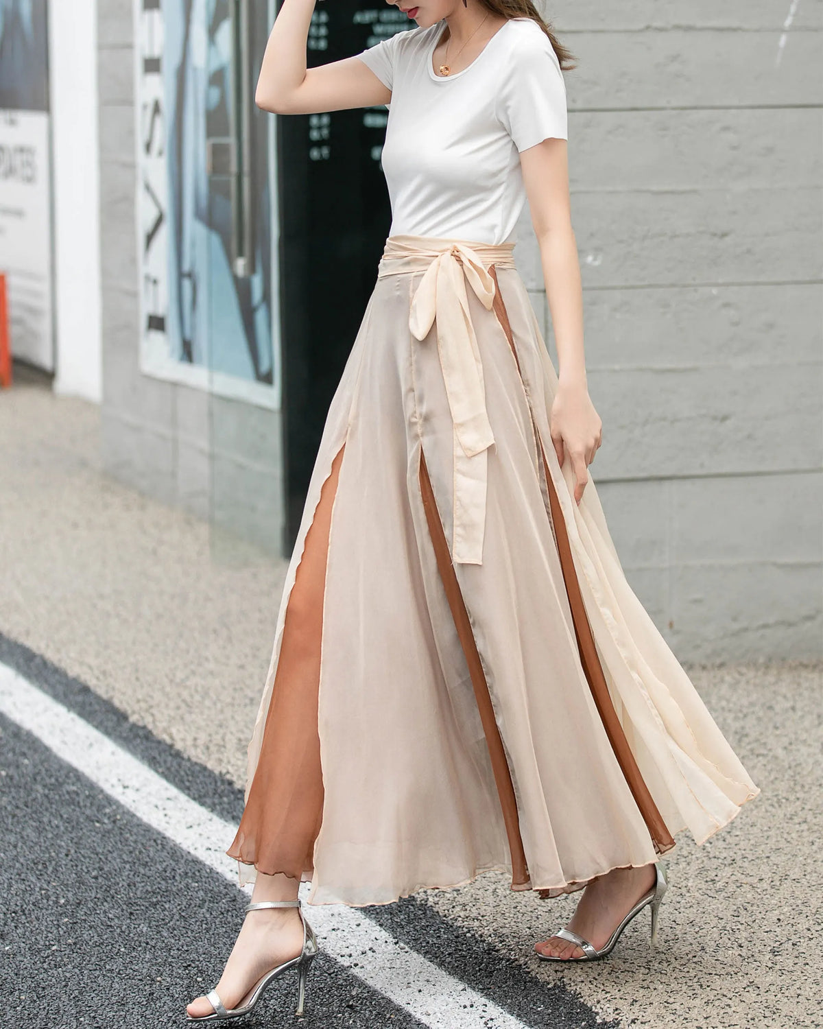 Apricot Chiffon Midi Wrap Skirt - Flowing Circle Silhouette 4277