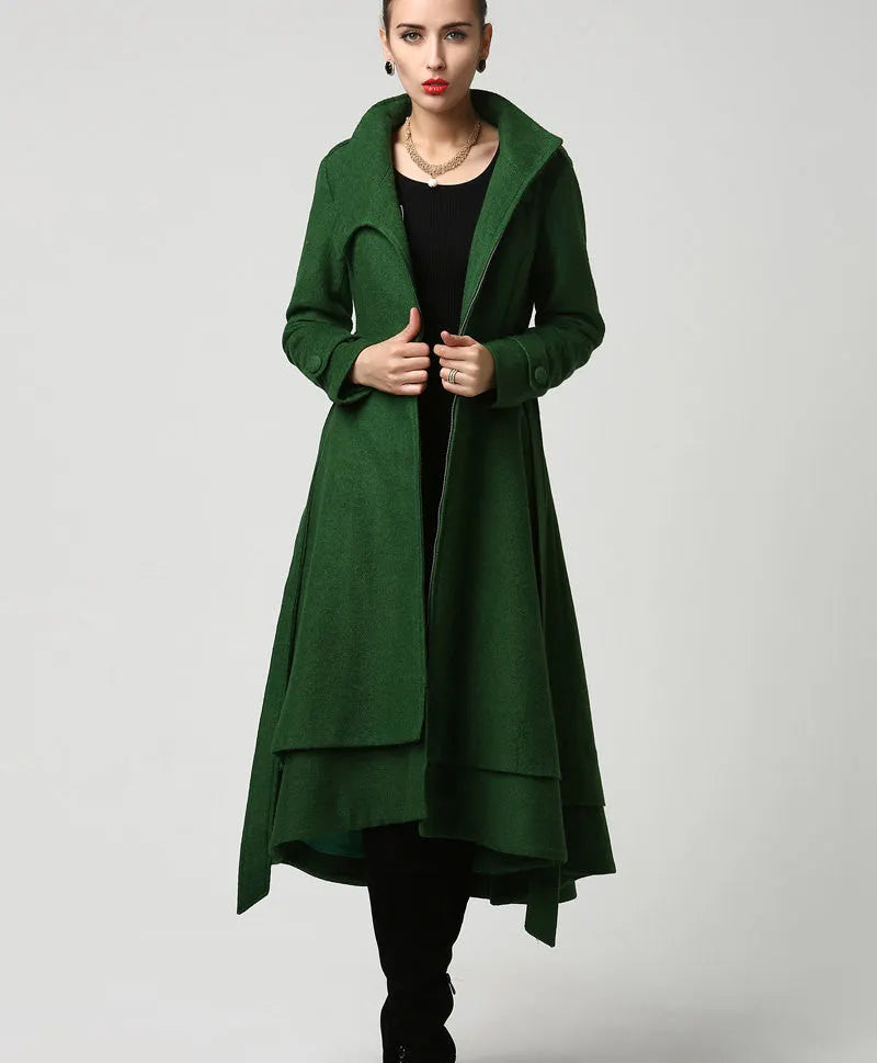 Vintage Dark Green Wool Blend Women's Coat – Military Collar & A-Line Hem 1112