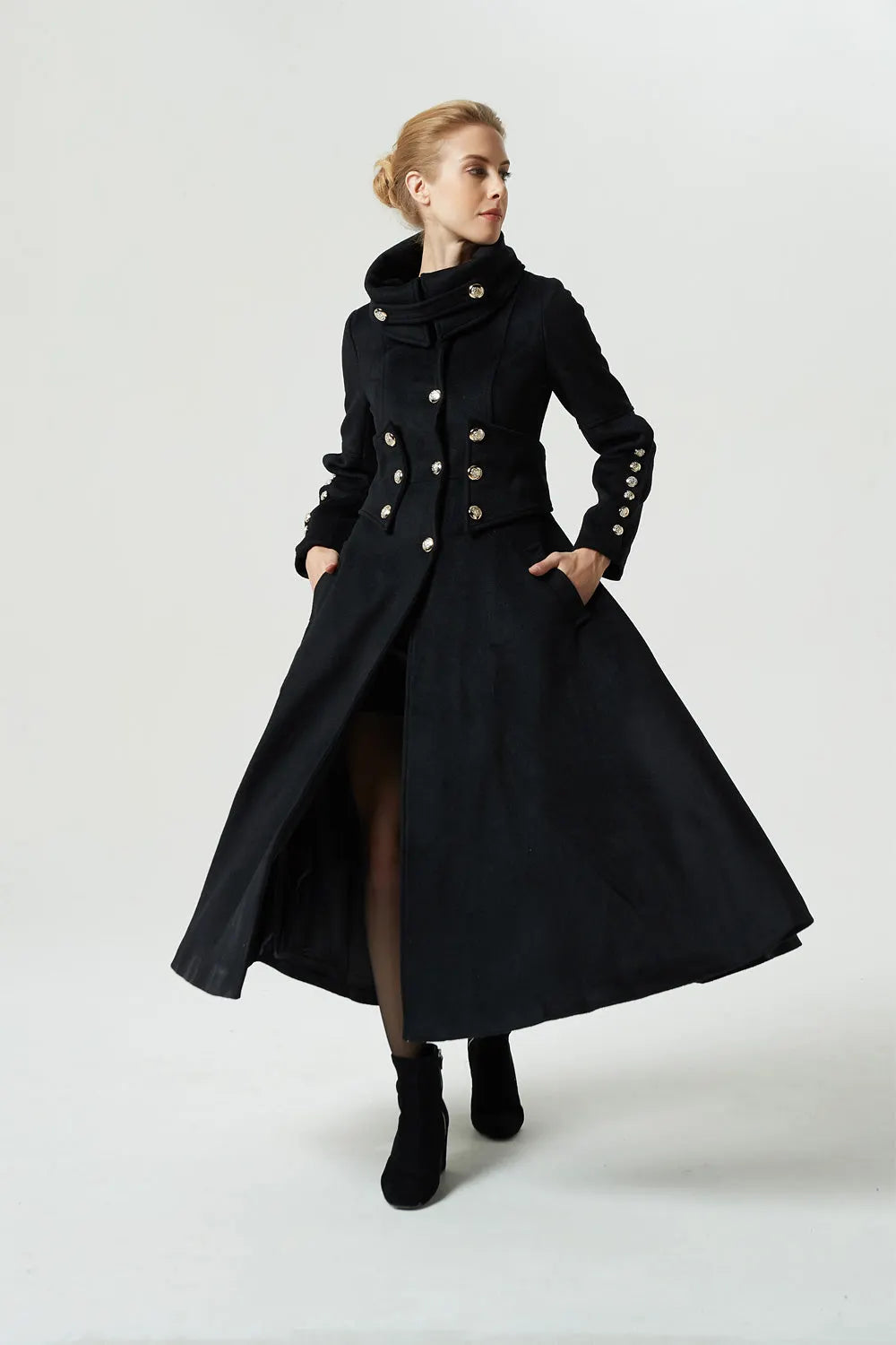 Black Wool Military Long Coat - Oversized Collar with Silver Buttons 1972